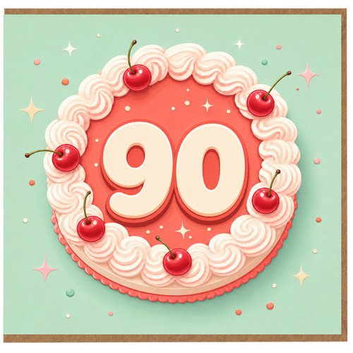 90th Birthday Card, Retro Cake and Cherries Design