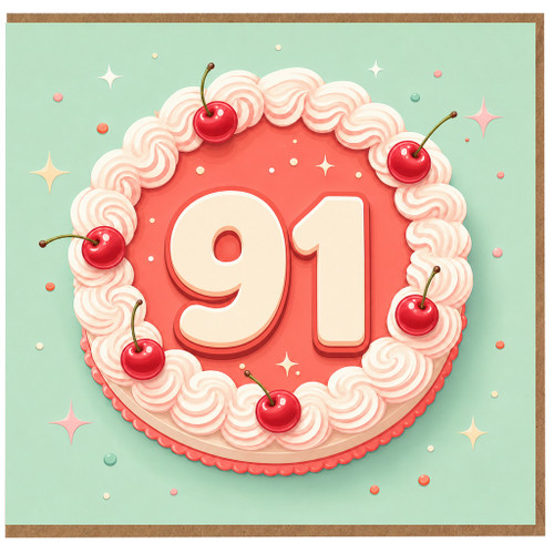 91st Birthday Card, Cake and Cherry Design