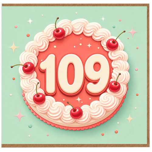 109th Birthday Card, Retro Cake and Cherries Design