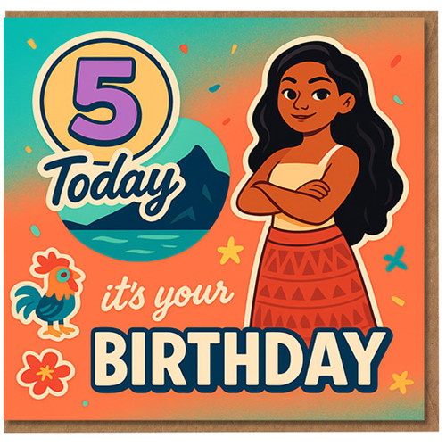 Age 5 Birthday Card for Kids, '5 Today' Tropical Island Girl Design, Colourful Children's Fifth Birthday Card with Rooster and Flowers