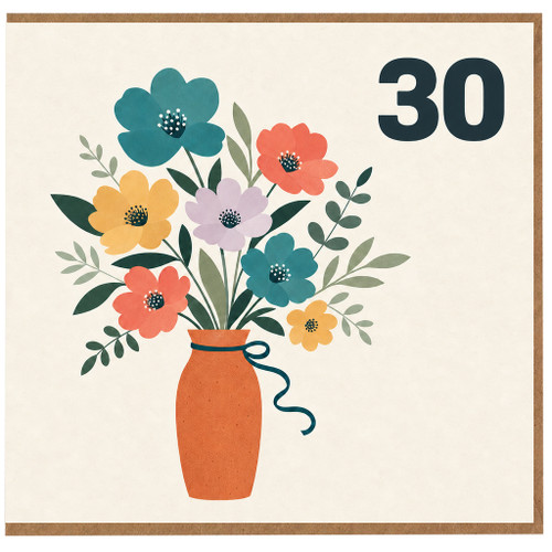 30th Birthday Card, Colourful Flower Bouquet Vase Design