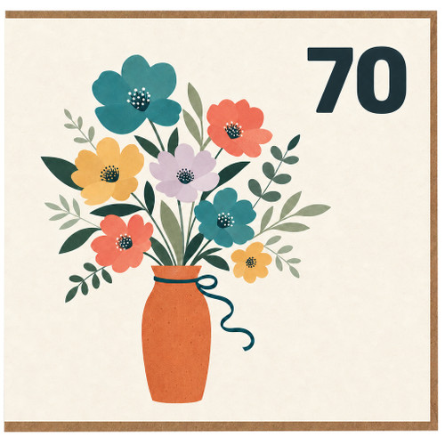 70th Birthday Card, Colourful Floral Bouquet in Vase