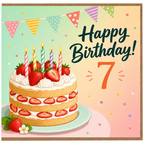 7th Birthday Card, Happy Birthday Cake and Strawberries Card