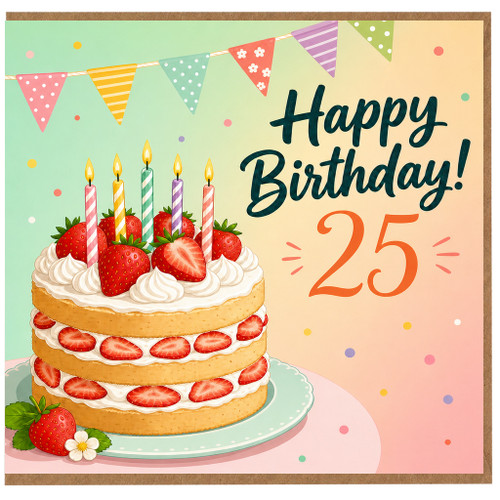 25th Birthday Card, Happy Birthday Strawberry Cake Card