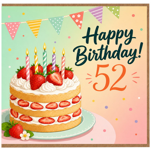 52nd Birthday Card, Happy Birthday Strawberry Cake Design