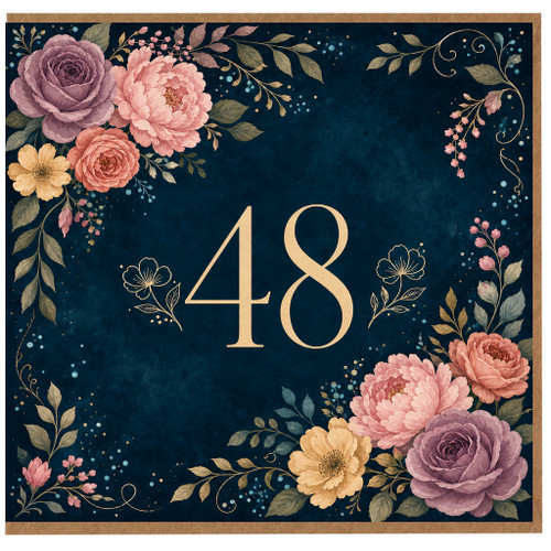 48th Birthday Card, Floral Gold Number 48 Card