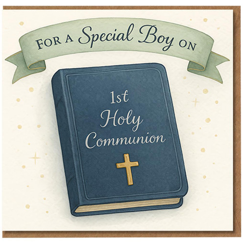 For a Special Boy on 1st Holy Communion Card - Religious First Communion Greeting for Son, Grandson or Nephew - Cross and Prayer Book Design