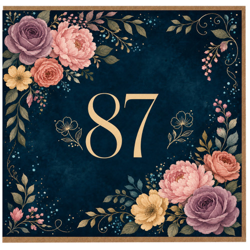87th Birthday Card, Floral Gold Number Design
