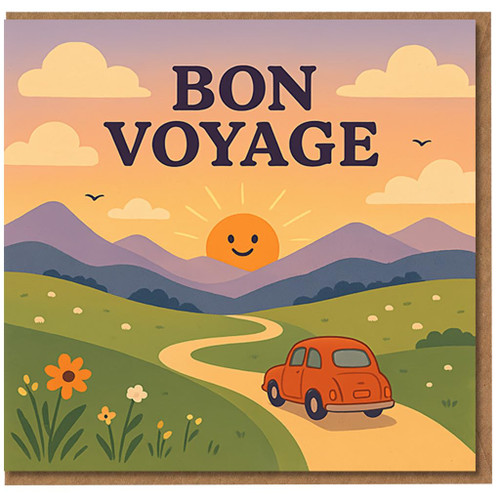 Bon Voyage Card - Cute Retro Car and Happy Sun Farewell Leaving Travel Good Luck Card - Blank Inside - For Friends, Colleagues or Family