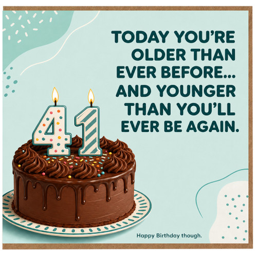 41st Birthday Card with a chocolate cake with candles shaped as the numbers 4 and 1