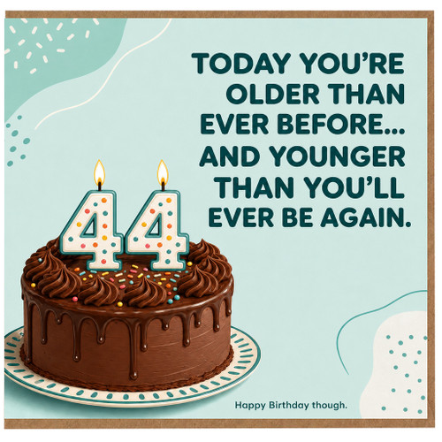 44th Birthday Card, Funny Milestone Birthday Card with Cake and Candle Numbers