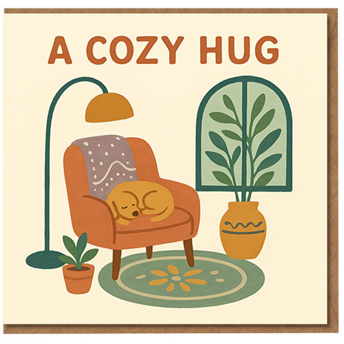 A Cosy Hug - Thinking of You Card with Sleeping Dog on Armchair, Warm Home Illustration, Comfort and Support Greeting Card for Friend or Family