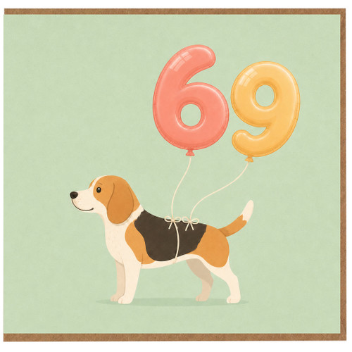 69th Birthday Card, with Beagle na and Balloons