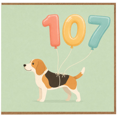 107th Birthday Card, Beagle na Balloon Number Card