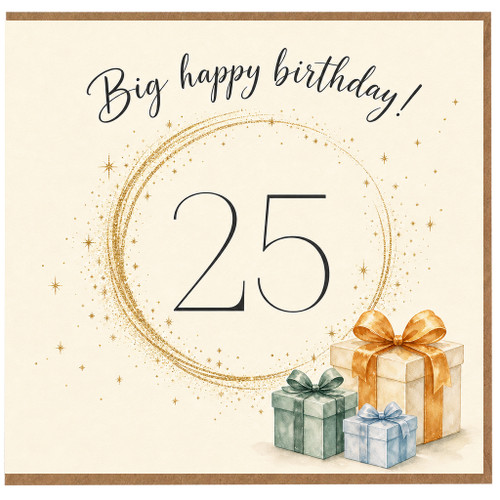 25th Birthday Card, Big Happy Birthday Card with Gold Starburst and Gift Boxes