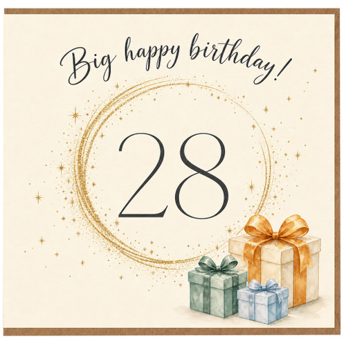 28th Birthday Card, Big Happy Birthday Card with Gifts and Gold Sparkle Design