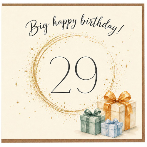 29th Birthday Card, Big Happy Birthday 29 Card with Gifts and Gold Sparkle Design