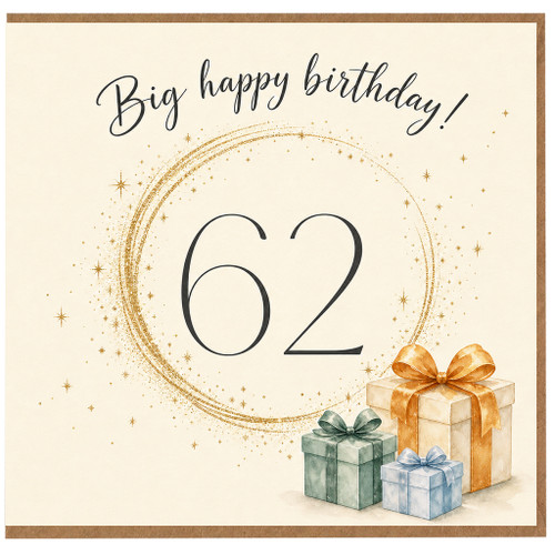 62nd Birthday Card, Big Happy Birthday with Gifts Design