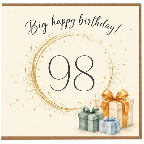 98th Birthday Card, Big Happy Birthday with Gift Boxes and Gold Starburst Design