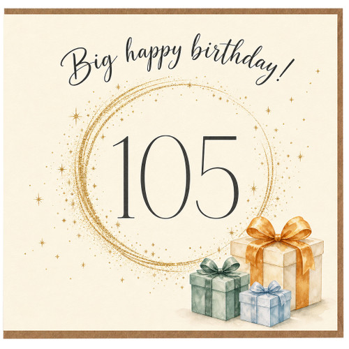 105th Birthday Card, Big Happy Birthday, Elegant Gold Starburst Gift Design