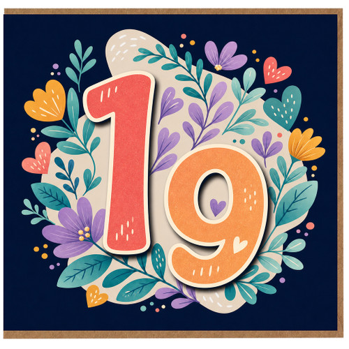 19th Birthday Card, Floral Heart Number 19 Card
