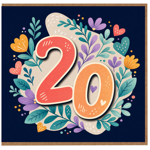 20th Birthday Card, Floral Heart Number 20 Card