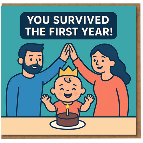 Funny First Birthday Card for Parents - You Survived the First Year! Cute Baby and Cake Illustration, 1st Birthday Card for Mum and Dad/New Parents