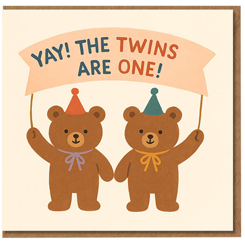 Twins 1st Birthday Card - Cute Bear Party - Yay! The Twins Are One - First Birthday Greeting for Twin Boys or Girls