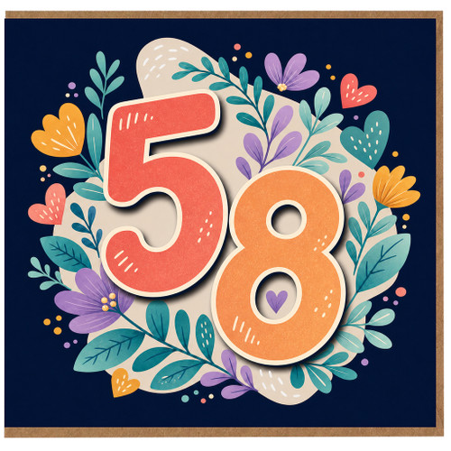 58th Birthday Card, Floral Number 58 Card