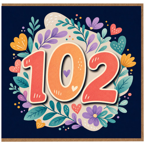 102nd Birthday Card, Floral Heart Number 102 Card