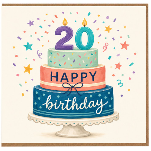 20th Birthday Card, Colourful Birthday Cake with Confetti and Candles