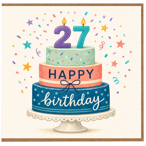 27th Birthday Card, Happy Birthday Cake Design