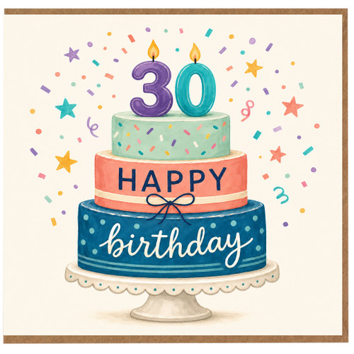 30th Birthday Card, Colourful Birthday Cake and Confetti Design