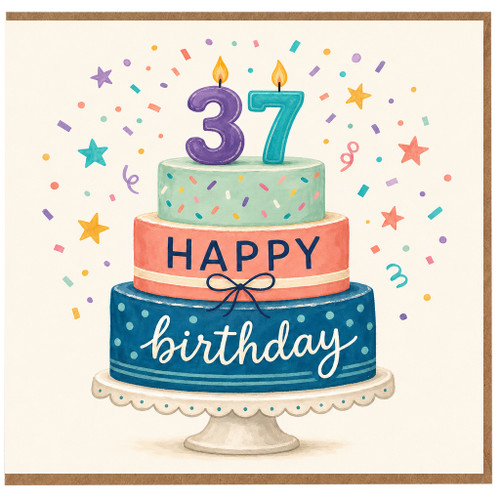 37th Birthday Card, Birthday Cake with Candles and Confetti