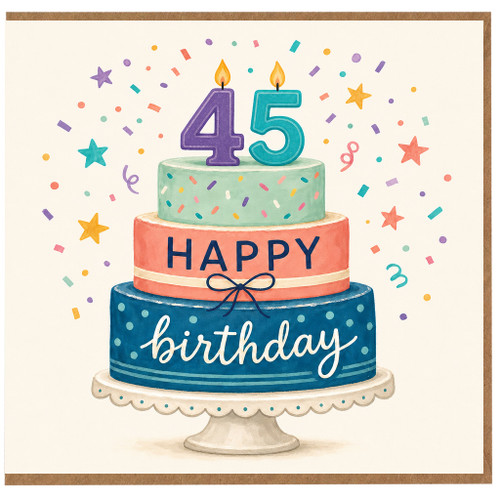 45th Birthday Card, Happy Birthday Cake Design