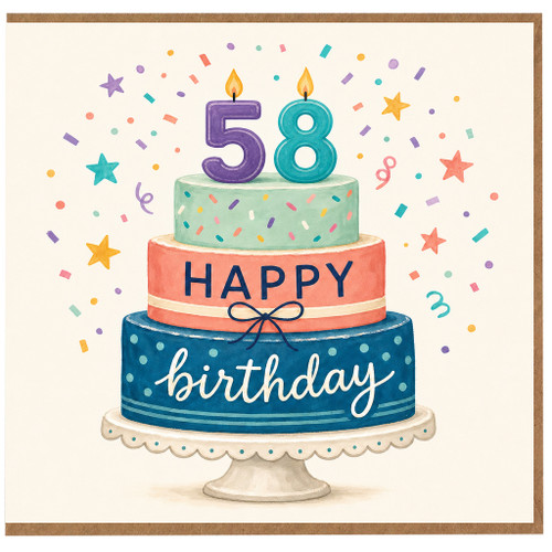 58th Birthday Card, Happy Birthday Cake Design