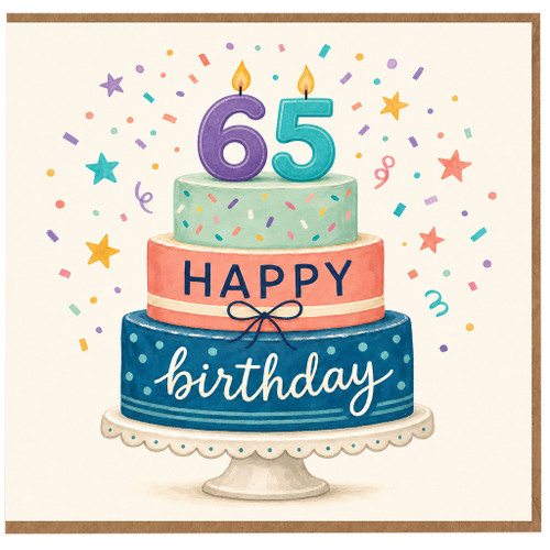 65th Birthday Card, Happy Birthday Cake and Confetti Design