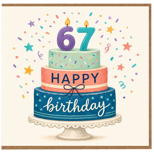 67th Birthday Card, Happy Birthday Cake and Confetti Design