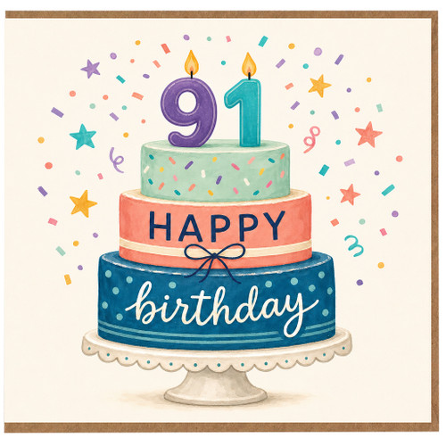 91st Birthday Card, Happy Birthday Cake Design Card