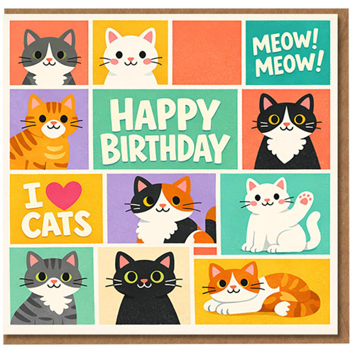 Happy Birthday Card - Cute Cats Collage with Meow Messages - Colourful Cat Lover Greeting Card