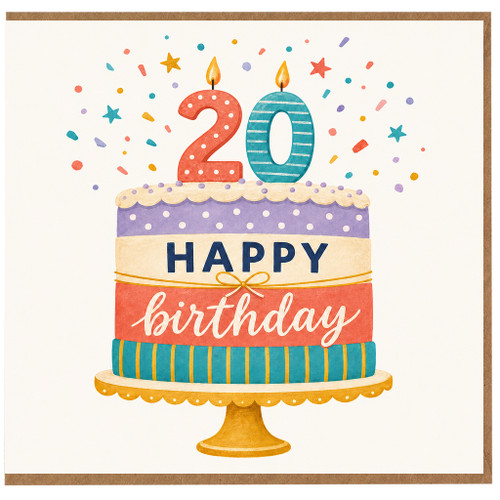 20th Birthday Card, Happy Birthday Cake Design with Candles and Confetti