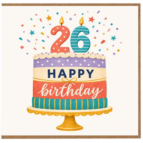 26th Birthday Card, Happy Birthday Cake Design Card