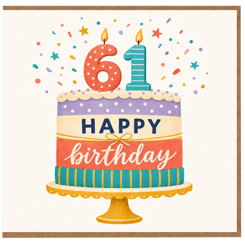 61st Birthday Card, Happy Birthday Cake Design