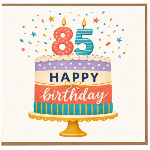85th Birthday Card, Happy Birthday Cake and Confetti Design