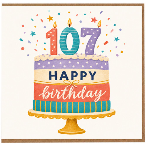 107th Birthday Card, Colourful Birthday Cake and Confetti Design