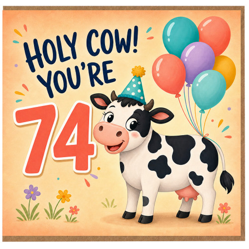 74th Birthday Card, Holy Cow You’re 74, Funny Cow Balloon Birthday Card