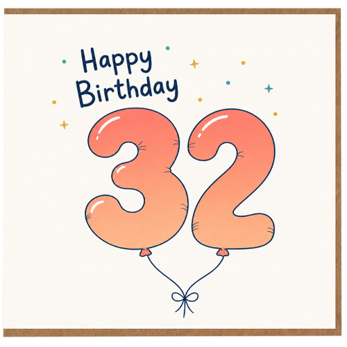 32nd Birthday Card, Happy Birthday Balloon Number 32 Card