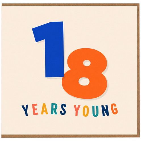 18th Birthday Card, 18 Years Young Colourful Number Design