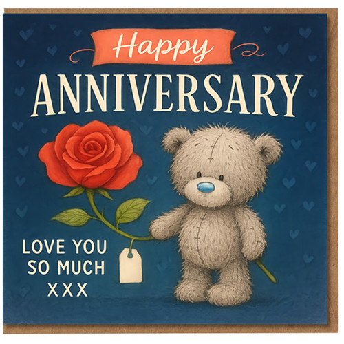 Happy Anniversary Card - Cute Teddy Bear with Red Rose - Love You So Much XXX - Romantic Card for Partner, Husband, Wife, Boyfriend or Girlfriend