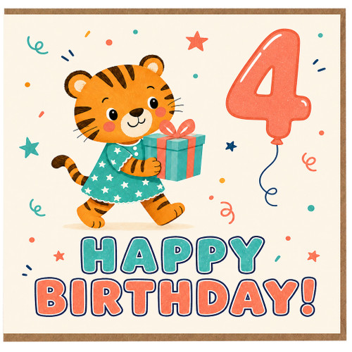 4th Birthday Card, Cute Tiger Holding Gift Happy Birthday Card